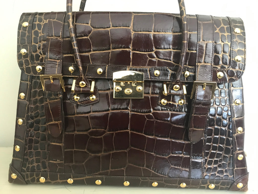 Nordstrom Made In Italy Brown Croc Embossed Leather Satchel