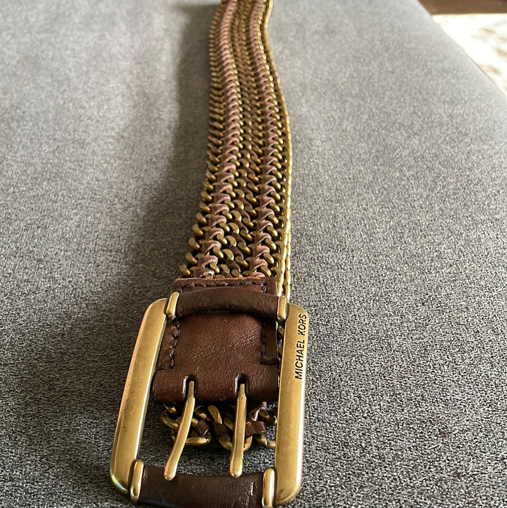 Michael Kors XL Brown Woven Leather Belt Brass Hammered Disc Buckle 46” image_7417792c-40f7-4230-b2e9-  main image 4