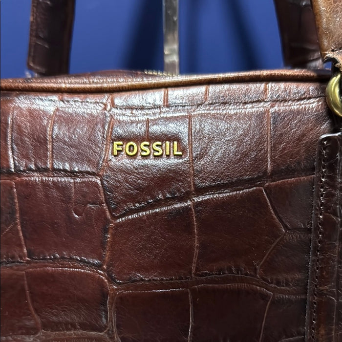 Fossil Dark Brown Croc-Embossed Leather Tote