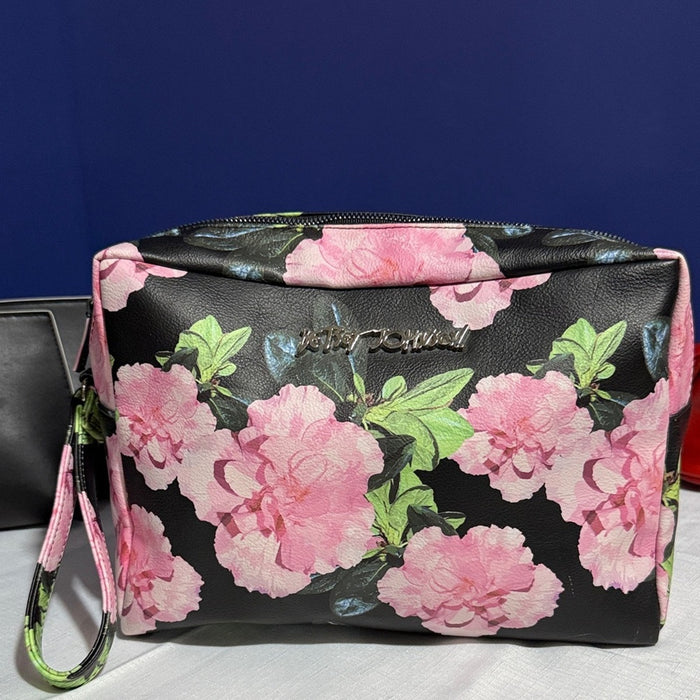 Betsey Johnson Black and Pink Floral Cosmetic Bag