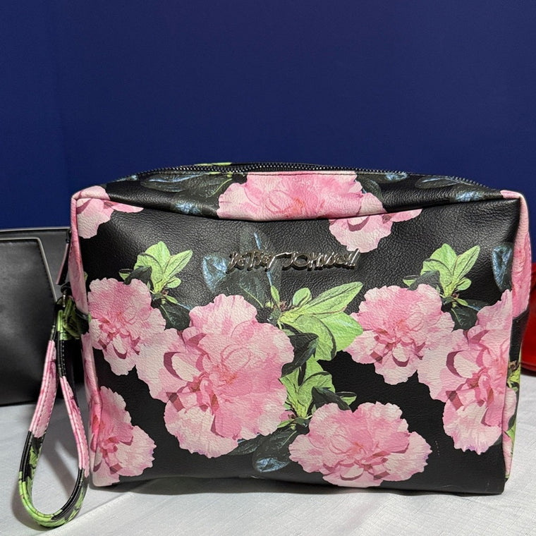 Betsey Johnson Black and Pink Floral Cosmetic Bag