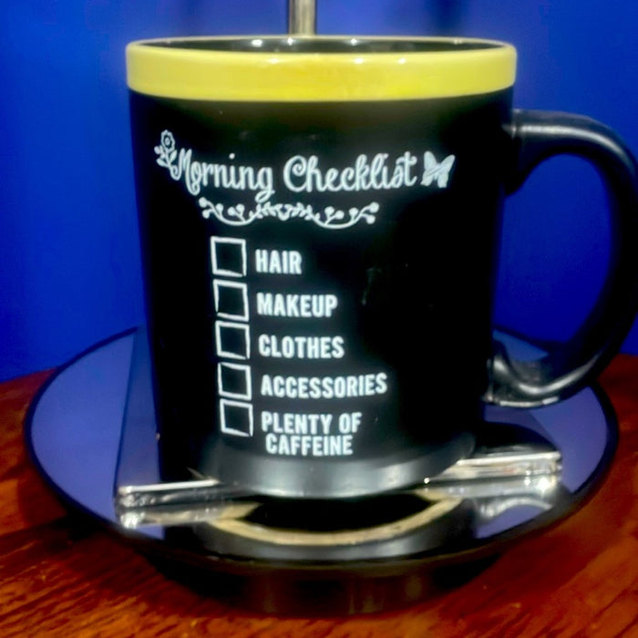 "MORNING CHECKLIST - HAIR* MAKEUP* ETC.", JUMBO, Ceramic Coffee Cup/ Mug, VINT.