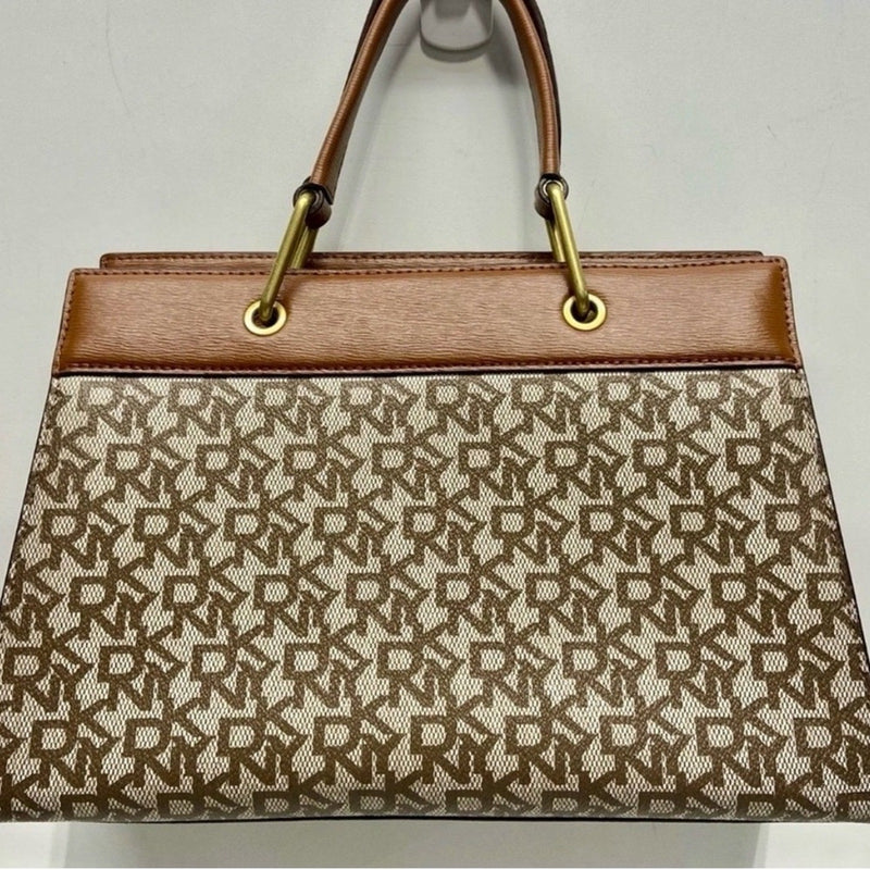 DKNY Brown & Cream Logo Satchel with Gold Hardware