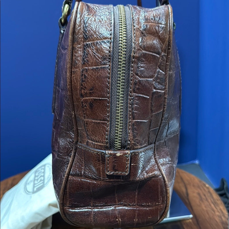 Fossil Dark Brown Croc-Embossed Leather Tote