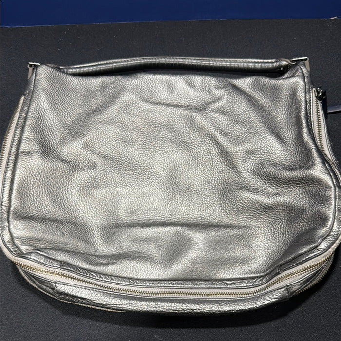 Tory Burch Metallic Gray Pebbled Leather Hobo Shoulder Bag