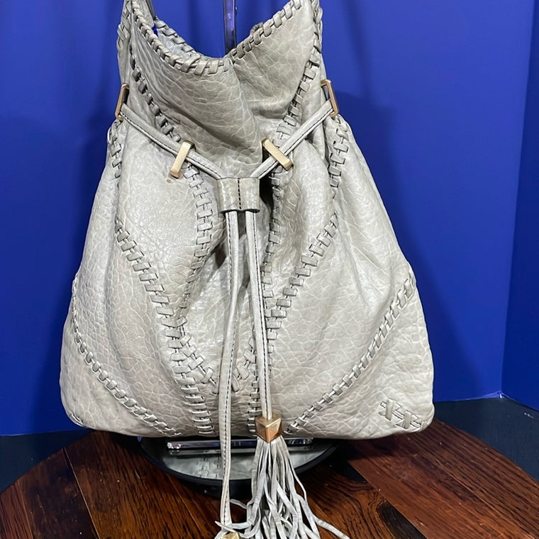 BRIAN ATWOOD Olive Green Pebbled leather Laser Cut Drawstring Bucket Bag
