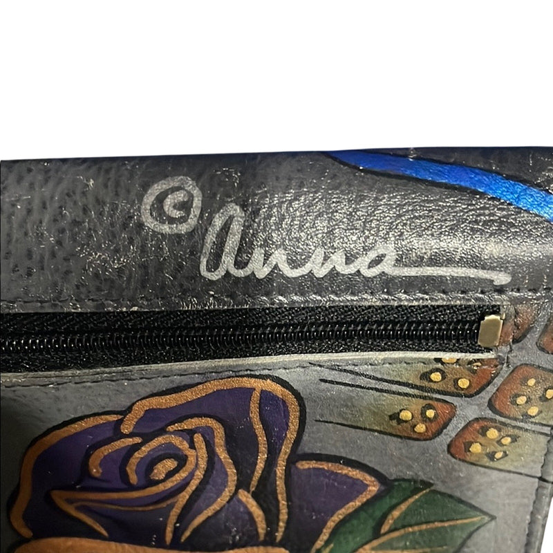 Anna Anuschka Hand Painted Floral Butterfly Fold Wallet/Clutch