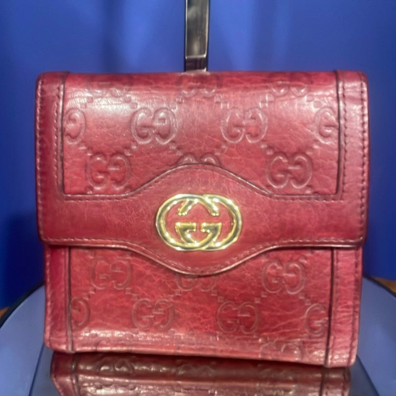 Authentic Gucci Guccissima Sukey French Flap Wallet in Red with Snap Closure