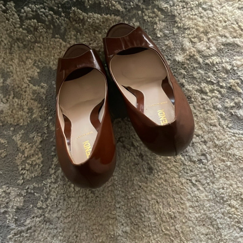 Fendi Brown patent Leather Peep Toe Stiletto Heels w/Dustbag