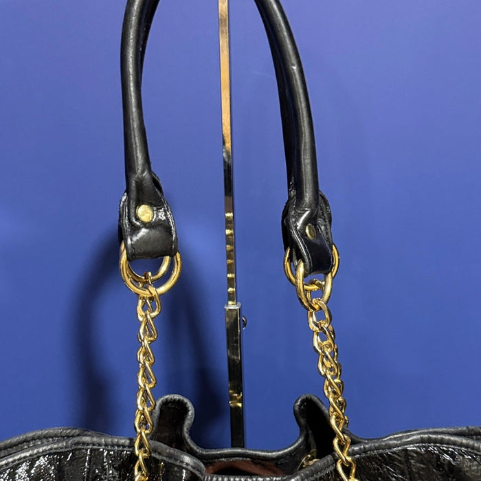 Pietro Alessandro New York Gorgeous New Black Glazed Leather Chain Shoulder Bag