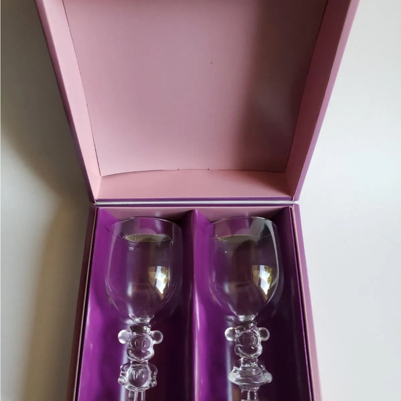 Walt Disney Mickey & Minnie Wine Glasses Set by K. Onishi Made In Japan w/ Box