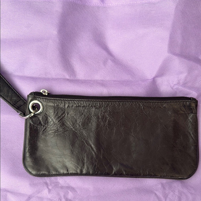 Hobo International Wallet Black Leather Wristlet Cluth 5" x 10"