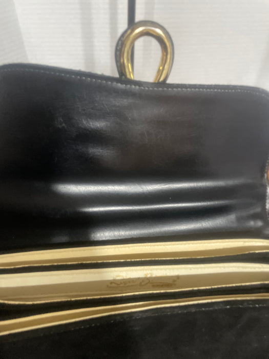 VINTAGE 1950s 60s ROBERT BESTIEN BLACK LEATHER HANDBAG SHOULDER BAG BRASS