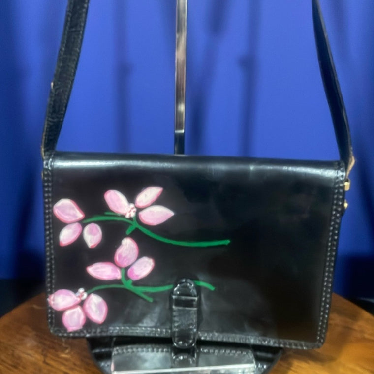 Hand painted leather crossbody “Cherry Blossom” handbag