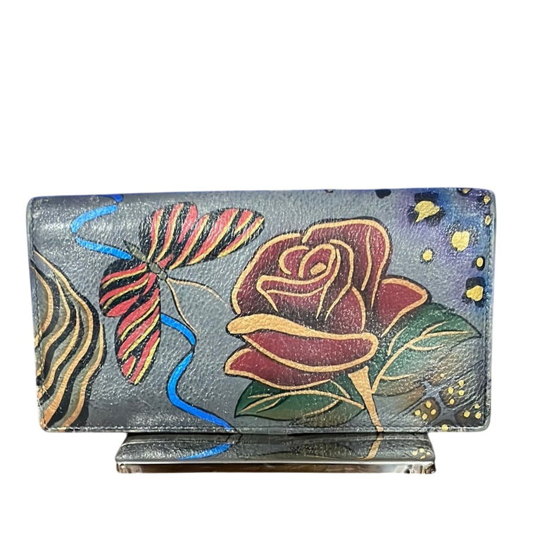 Anna Anuschka Hand Painted Floral Butterfly Fold Wallet/Clutch