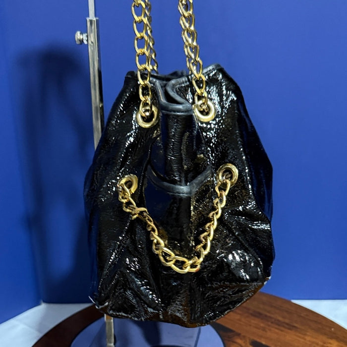 Pietro Alessandro New York Gorgeous New Black Glazed Leather Chain Shoulder Bag