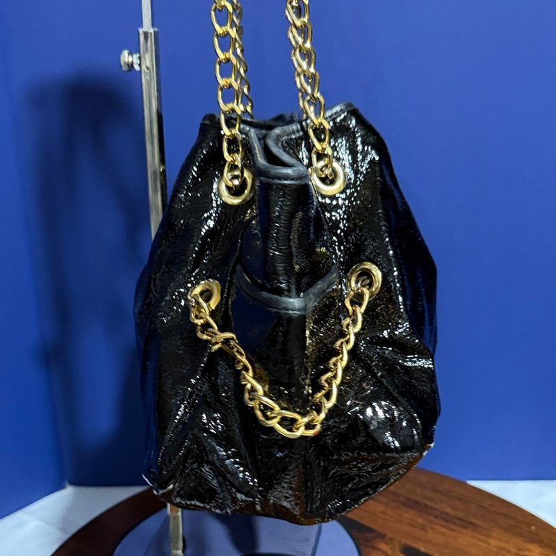 Pietro Alessandro New York Gorgeous New Black Glazed Leather Chain Shoulder Bag
