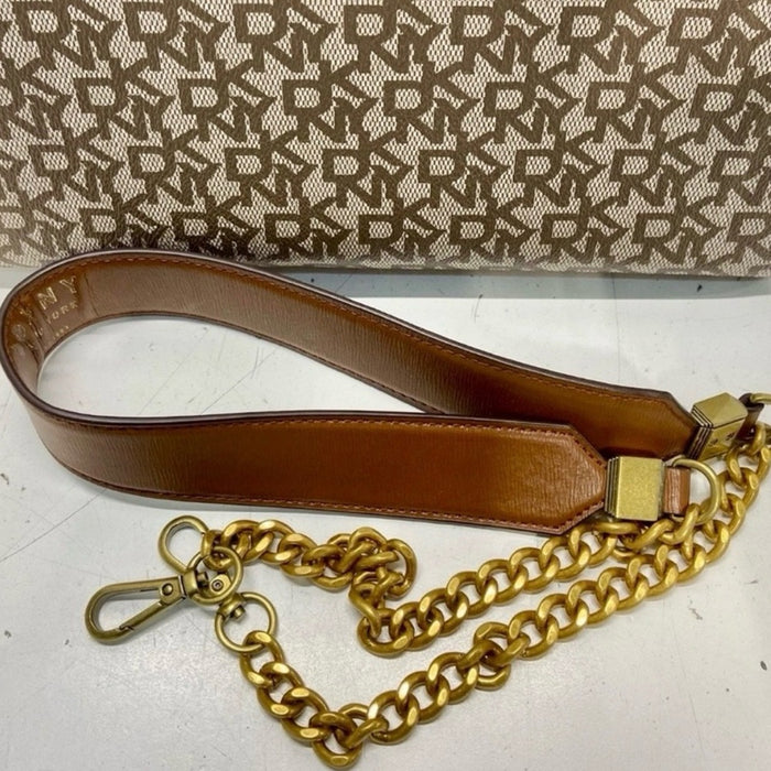 DKNY Brown & Cream Logo Satchel with Gold Hardware