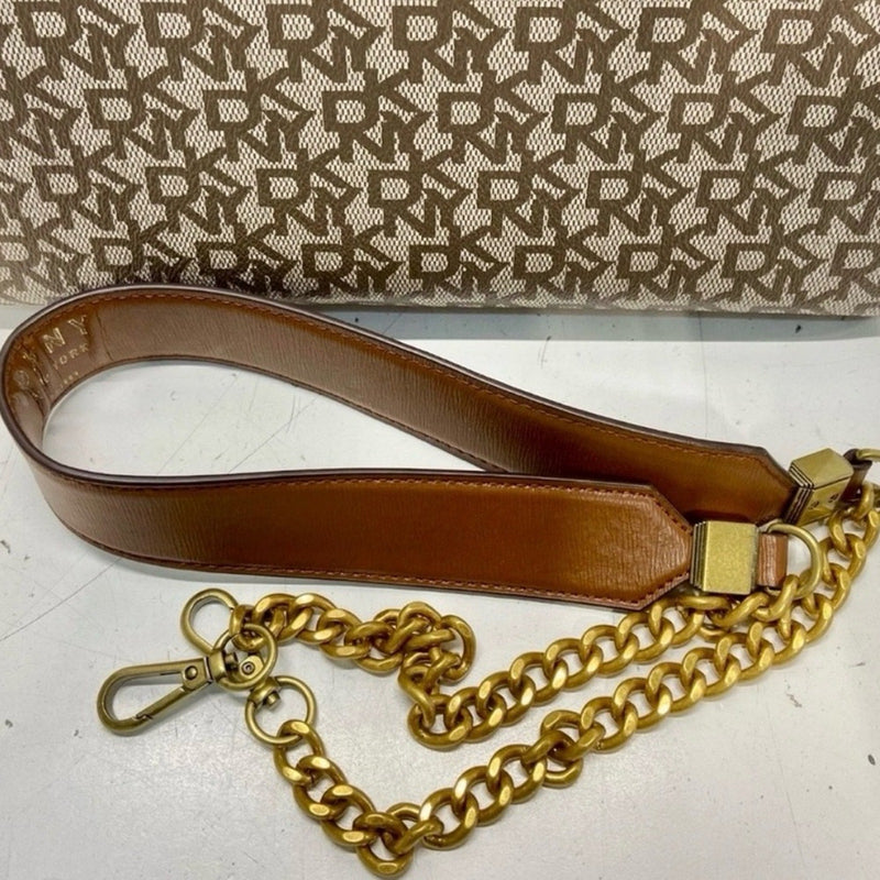 DKNY Brown & Cream Logo Satchel with Gold Hardware