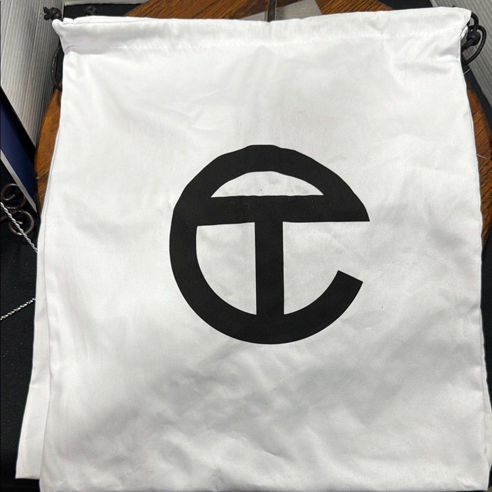 Telfar White and Black Logo Drawstring Bag