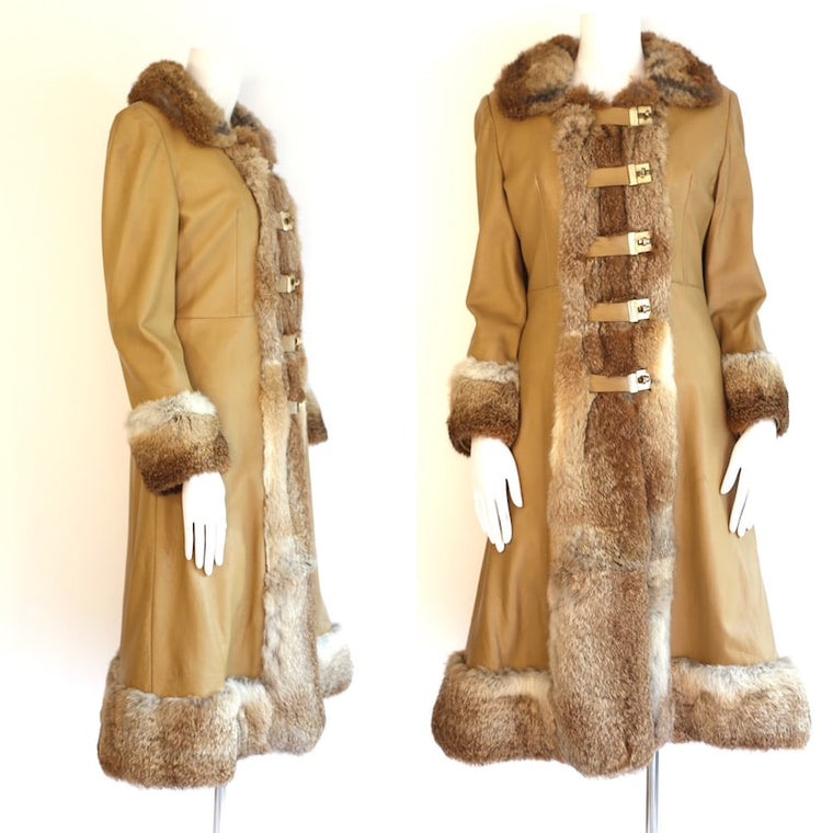 70s Penny Lane coat / vintage 1970s fur & leather toggle coat size S