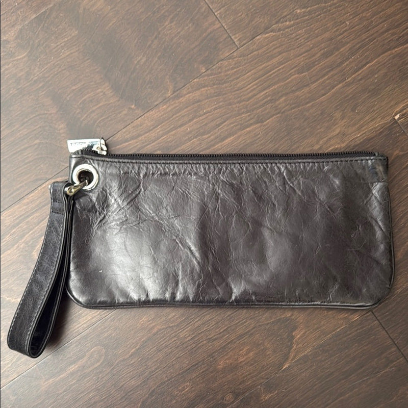 Hobo International Wallet Black Leather Wristlet Cluth 5" x 10"