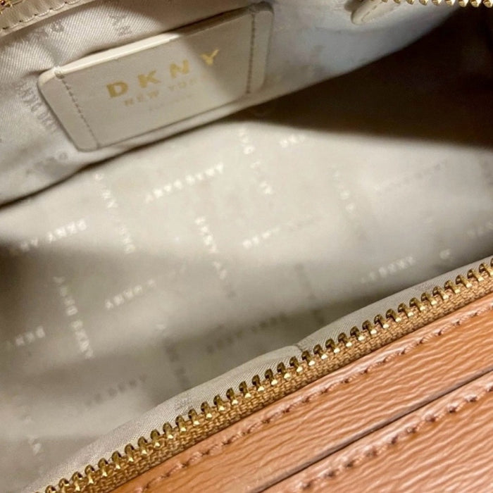 DKNY Brown & Cream Logo Satchel with Gold Hardware