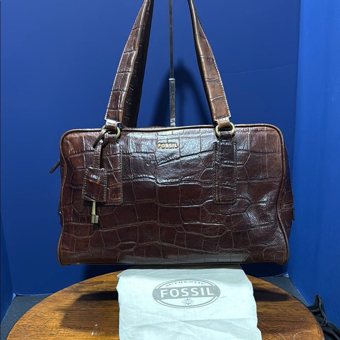 Fossil Dark Brown Croc-Embossed Leather Tote