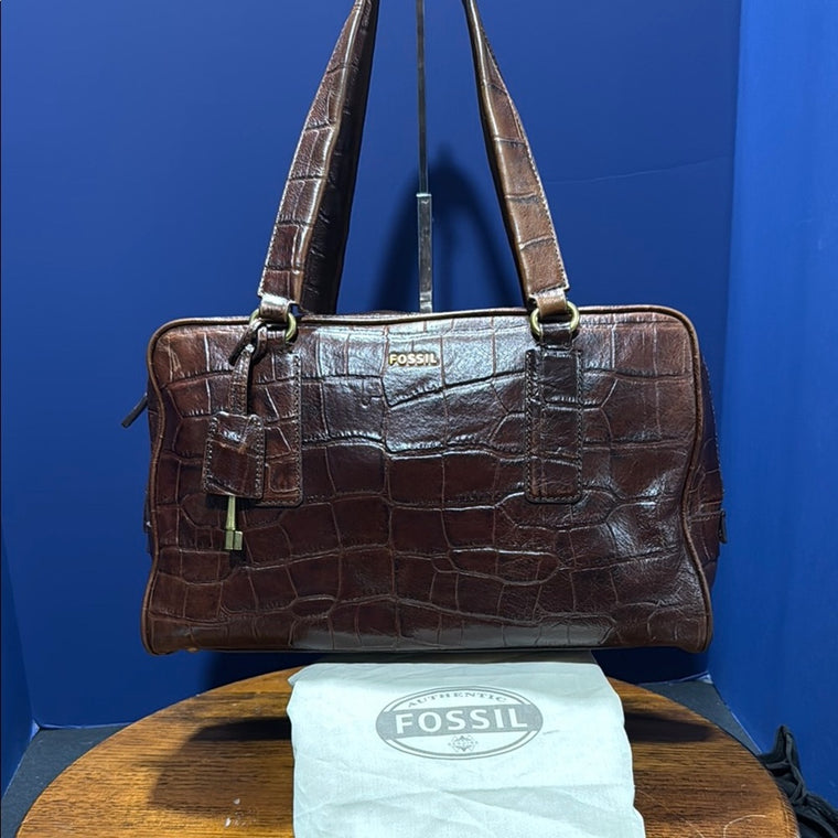 Fossil Dark Brown Croc-Embossed Leather Tote