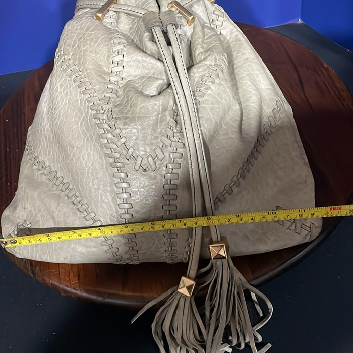 BRIAN ATWOOD Olive Green Pebbled leather Laser Cut Drawstring Bucket Bag