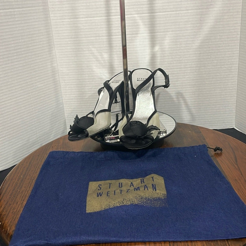 STUART WEITZMAN Black Heels with Fabric Flower and Mesh Fabric