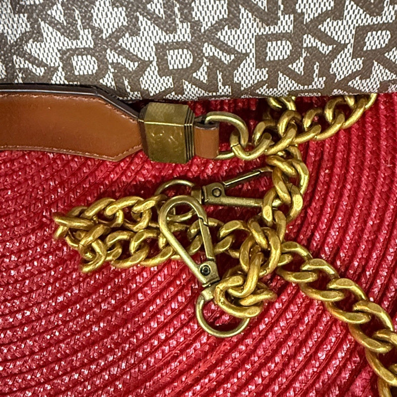 DKNY Brown & Cream Logo Satchel with Gold Hardware