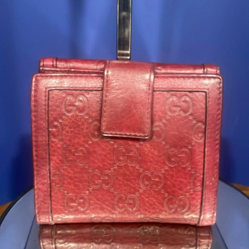 Authentic Gucci Guccissima Sukey French Flap Wallet in Red with Snap Closure