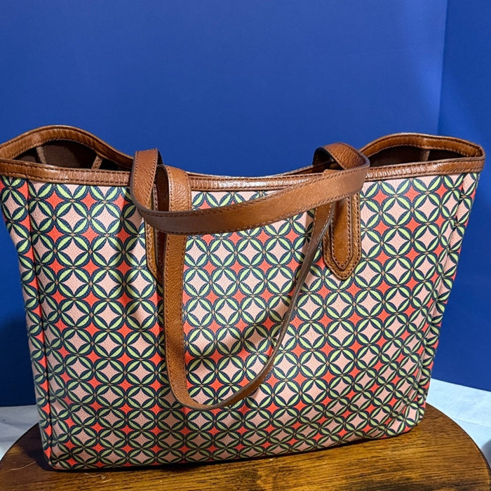 FOSSIL Sydney Signature Large Tote Bag Shoulder Purse Pink Brown Leather 16”x12”
