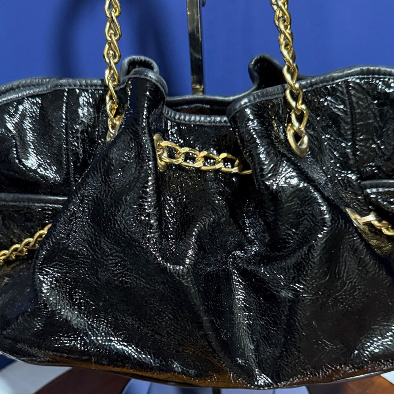 Pietro Alessandro New York Gorgeous New Black Glazed Leather Chain Shoulder Bag