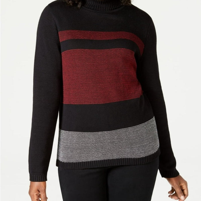 KAREN SCOTT Womens Black Ribbed Color Block Long Sleeve Turtle Neck Sweater