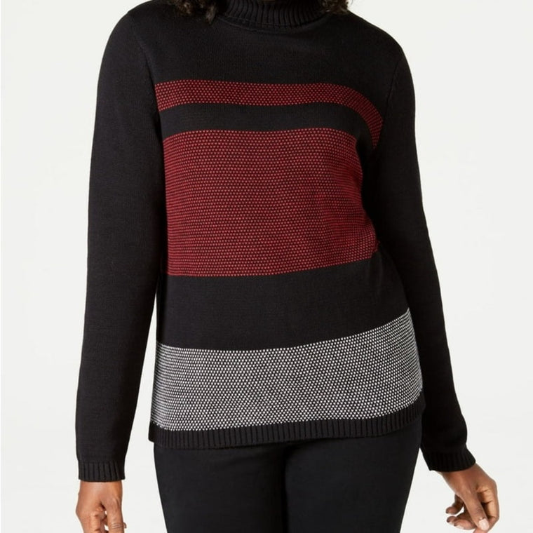 KAREN SCOTT Womens Black Ribbed Color Block Long Sleeve Turtle Neck Sweater