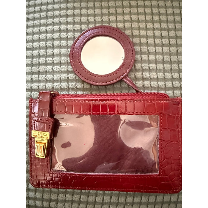 Etienne Aigner Leather ID Holder Zippered Pouch Burgundy Embossed Wallet