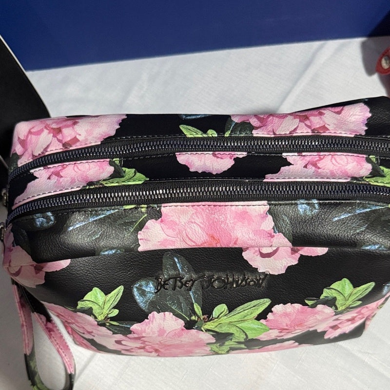 Betsey Johnson Black and Pink Floral Cosmetic Bag