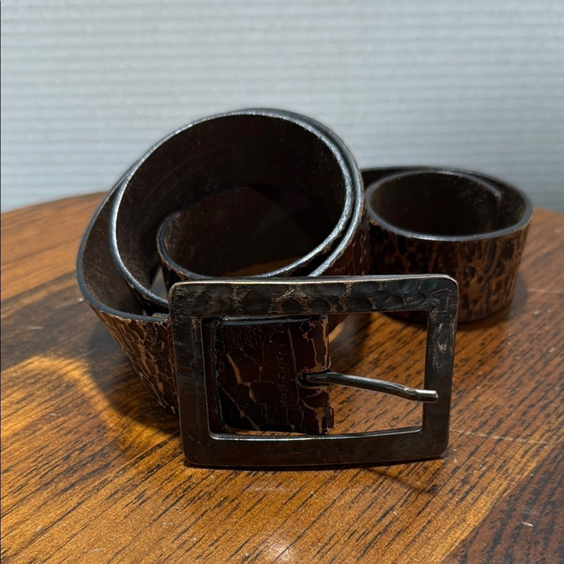 Sisley Brown Leather Belt with Distressed Metal Buckle