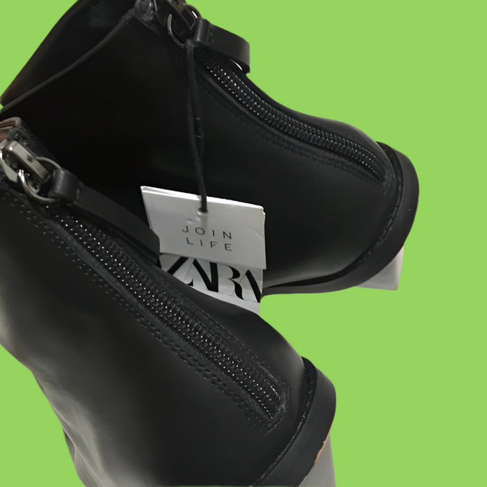 Zara Black Leather Heel Pointed Ankle Cowboy Boots