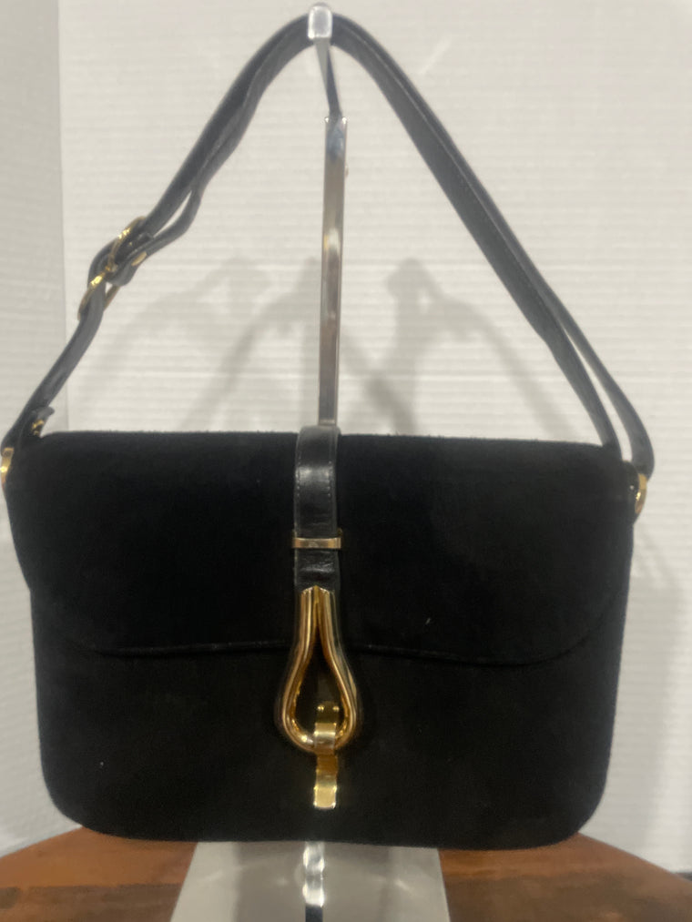 VINTAGE 1960 or 1970 ROBERT BESTIEN BLACK LEATHER HANDBAG SHOULDER BAG BRASS