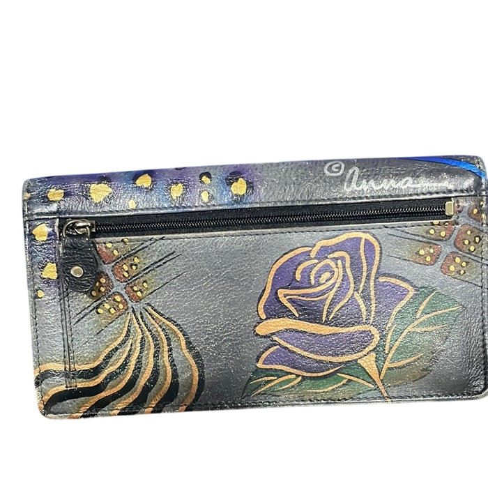Anna Anuschka Hand Painted Floral Butterfly Fold Wallet/Clutch