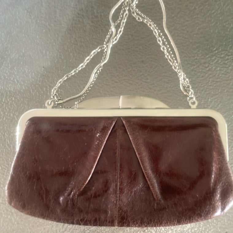 Hobo International Brown Clutch Bag Tapestry Interior 3 Chain Handle Kiss Clasp