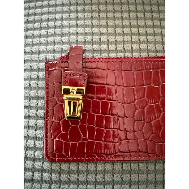 Etienne Aigner Leather ID Holder Zippered Pouch Burgundy Embossed Wallet