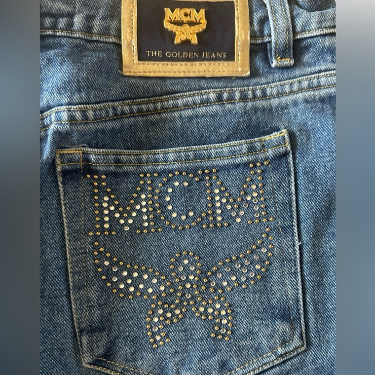 MCM Blue Jeans with Gold Studded Logo