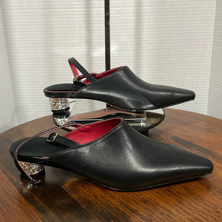 JADYROSE | STRAP-DETAIL CRYSTAL HEEL LEATHER D'ORSAY POINT TOE PUMPS SANDALS