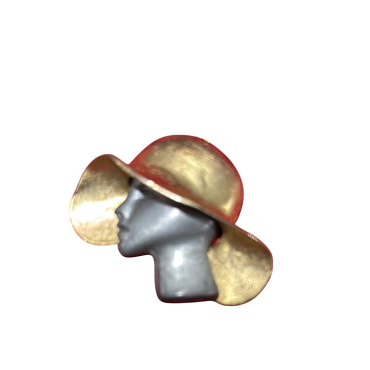 Vintage Ultra Craft 2 Tone Metallic Profile Woman Wide Brim Hat Brooch Pin