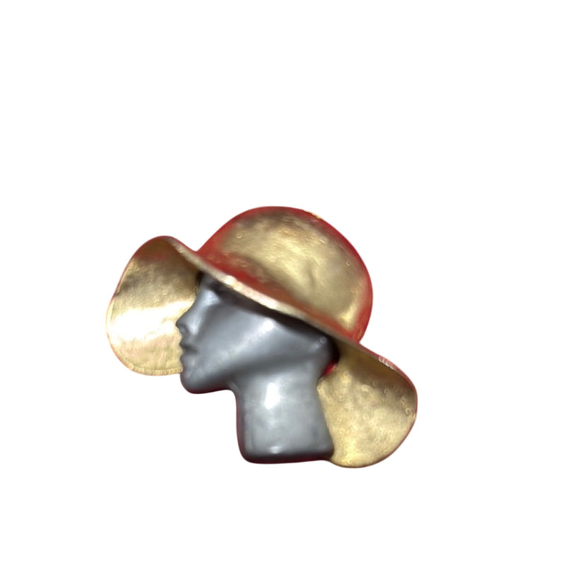 Vintage Ultra Craft 2 Tone Metallic Profile Woman Wide Brim Hat Brooch Pin