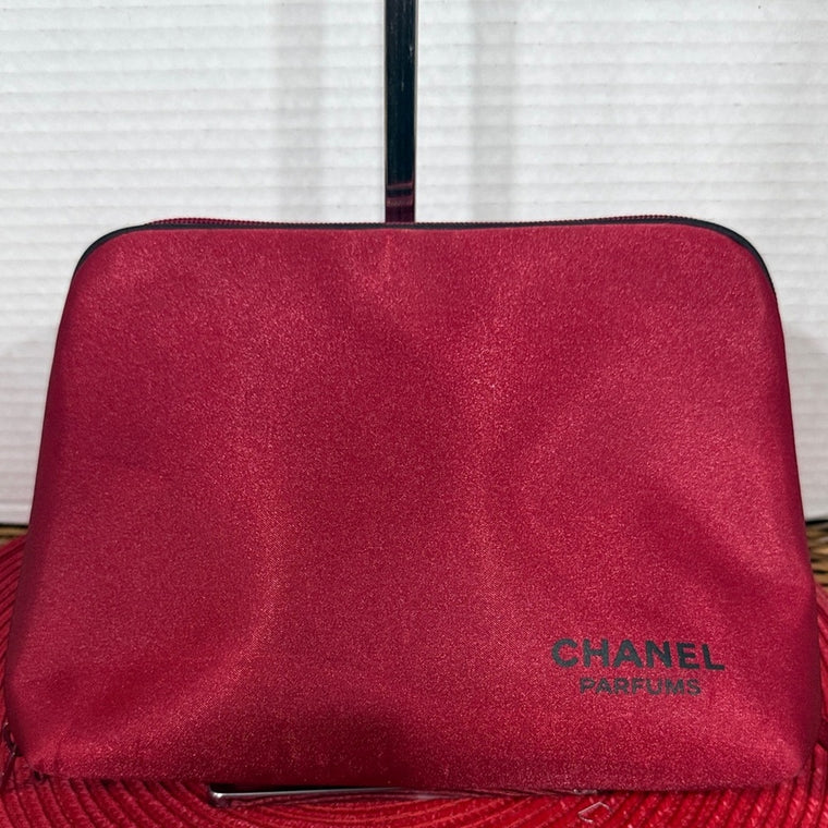 Chanel Red Satin Cosmetic Beauty Pouch w/Toiletry Essentials